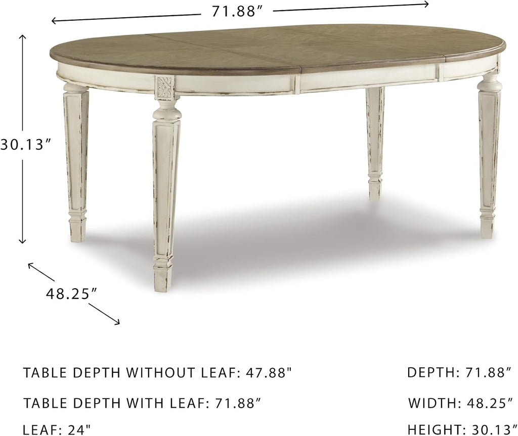 Signature Design by Ashley Realyn Oval Dining Room Extension Table, Seats 6, Antiqued 2-tone Finish, Wood, Distressed White