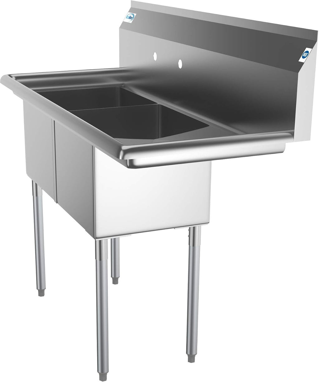 SB151512-15R3 2 Compartment Stainless Steel NSF Commercial Kitchen Prep & Utility Sink with Drainboard - Bowl Size 15" x 15" x 12", Silver