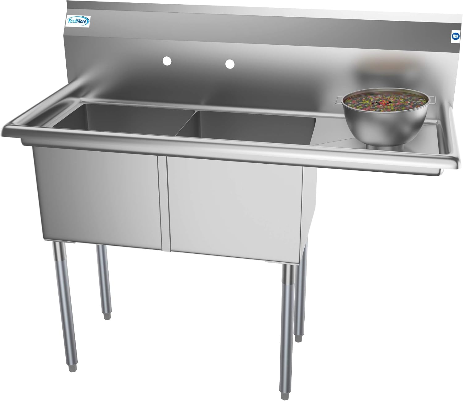 SB151512-15R3 2 Compartment Stainless Steel NSF Commercial Kitchen Prep & Utility Sink with Drainboard - Bowl Size 15" x 15" x 12", Silver