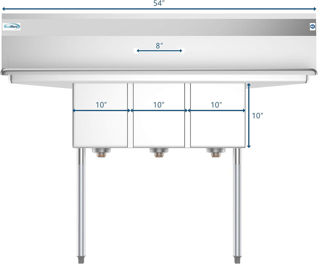 SC101410-12B3 3 Compartment Stainless Steel NSF Commercial Kitchen Sink with Right and Left Drainboards - Bowl Size 10" x 14" x 10", Silver