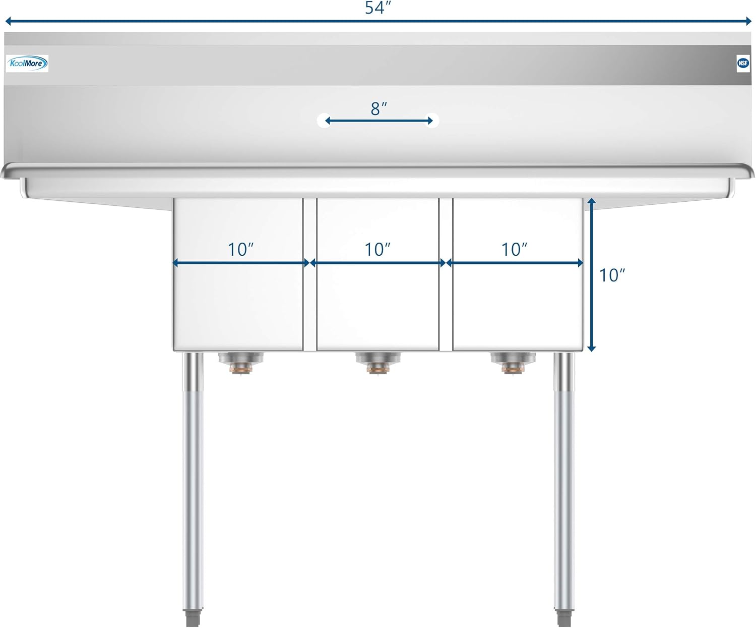 SC101410-12B3 3 Compartment Stainless Steel NSF Commercial Kitchen Sink with Right and Left Drainboards - Bowl Size 10" x 14" x 10", Silver