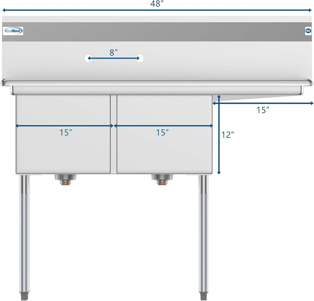 SB151512-15R3 2 Compartment Stainless Steel NSF Commercial Kitchen Prep & Utility Sink with Drainboard - Bowl Size 15" x 15" x 12", Silver