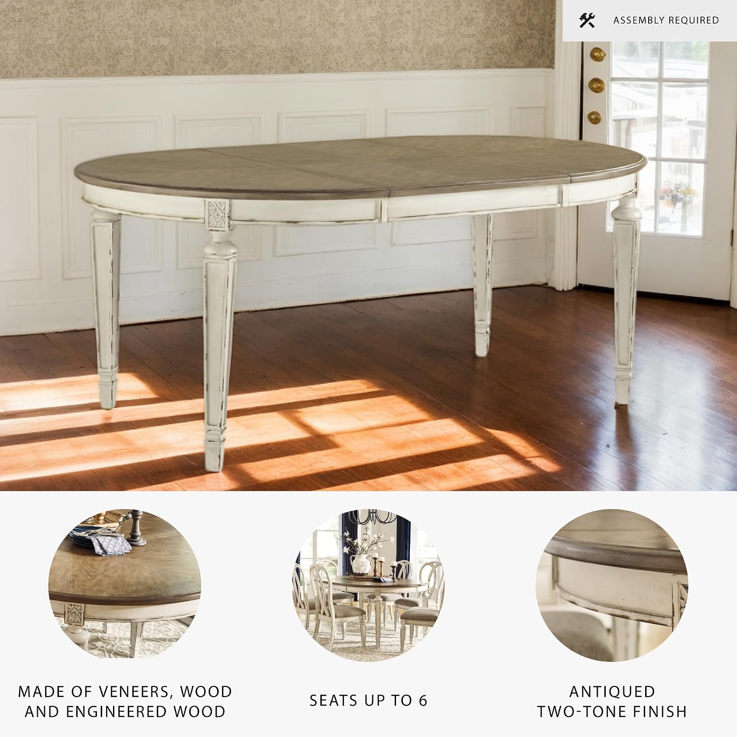 Signature Design by Ashley Realyn Oval Dining Room Extension Table, Seats 6, Antiqued 2-tone Finish, Wood, Distressed White