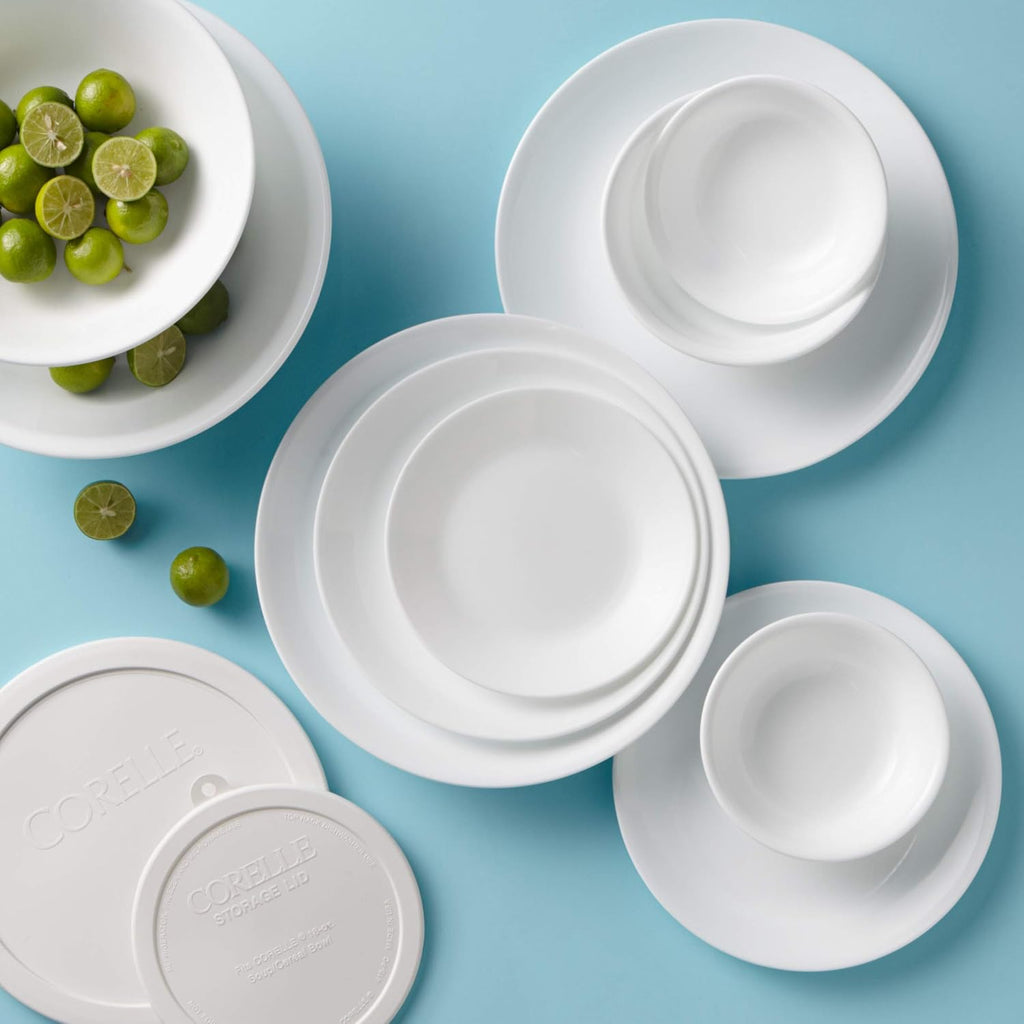 Vitrelle 78-Piece Service for 12 Dinnerware Set, Triple Layer Glass and Chip Resistant, Lightweight Round Plates and Bowls Set, Winter Frost White