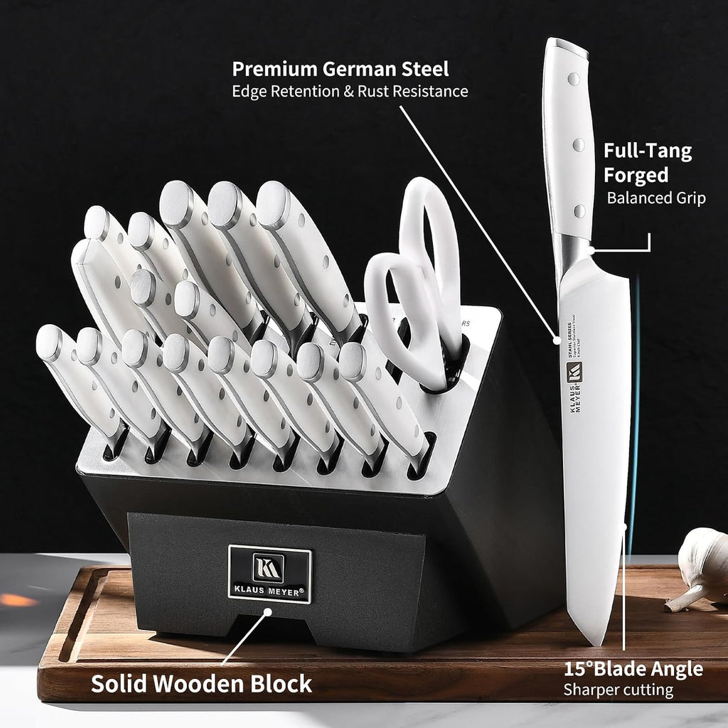 19-Piece Knife Block Set, High Carbon German Stainless Steel (Stahl), Full-Tang Handles with Sharpener (White)