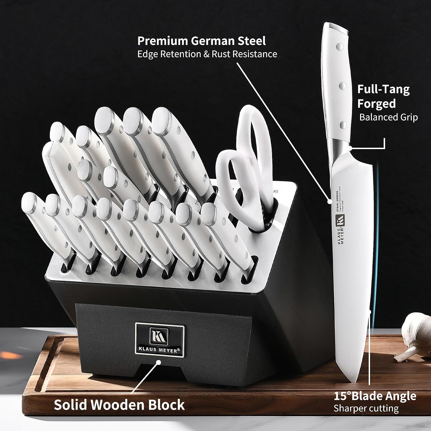 19-Piece Knife Block Set, High Carbon German Stainless Steel (Stahl), Full-Tang Handles with Sharpener (White)