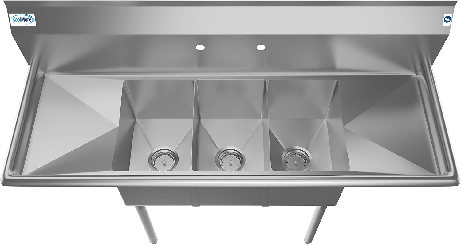 SC101410-12B3 3 Compartment Stainless Steel NSF Commercial Kitchen Sink with Right and Left Drainboards - Bowl Size 10" x 14" x 10", Silver
