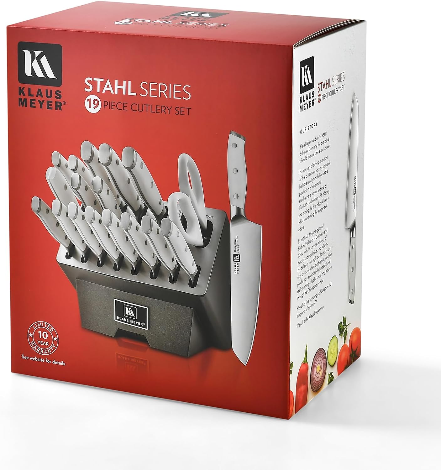 19-Piece Knife Block Set, High Carbon German Stainless Steel (Stahl), Full-Tang Handles with Sharpener (White)