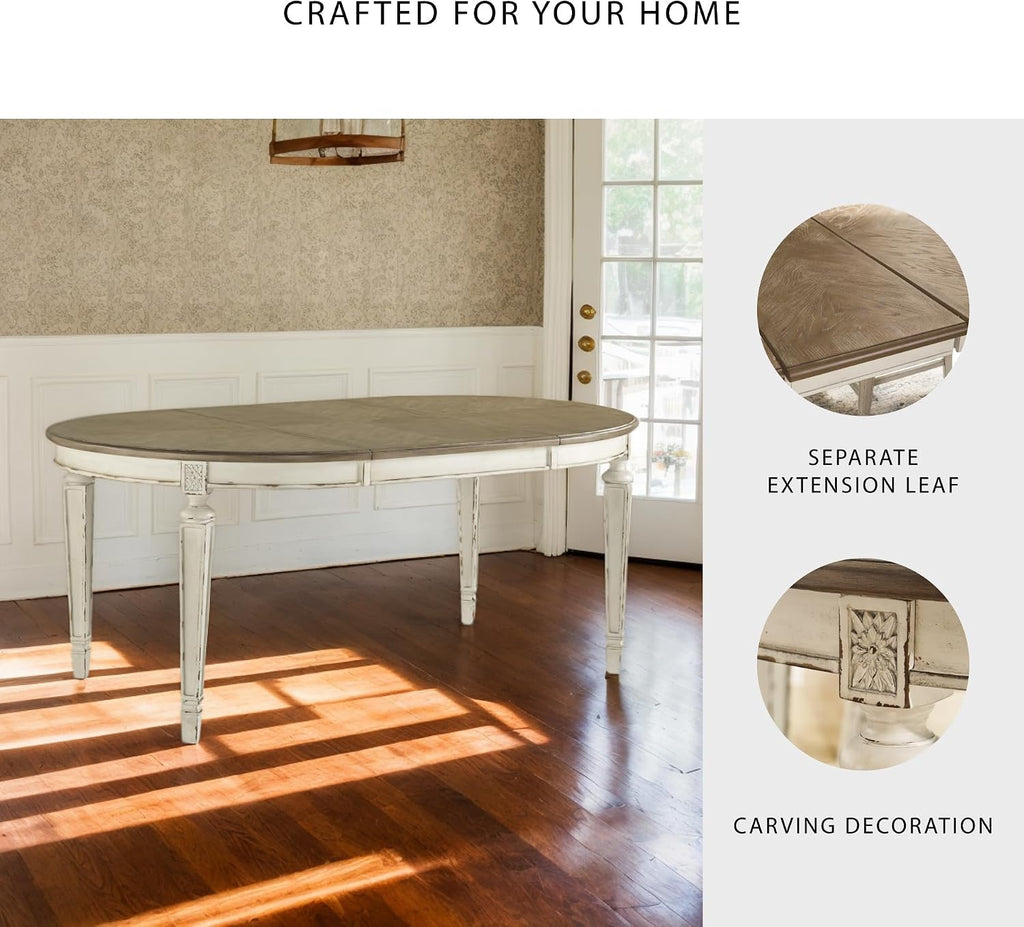 Signature Design by Ashley Realyn Oval Dining Room Extension Table, Seats 6, Antiqued 2-tone Finish, Wood, Distressed White