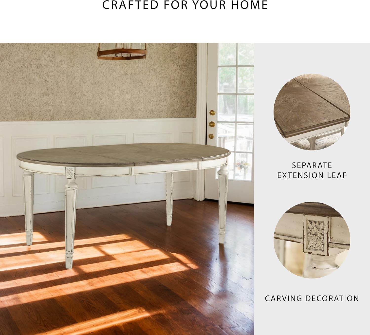 Signature Design by Ashley Realyn Oval Dining Room Extension Table, Seats 6, Antiqued 2-tone Finish, Wood, Distressed White