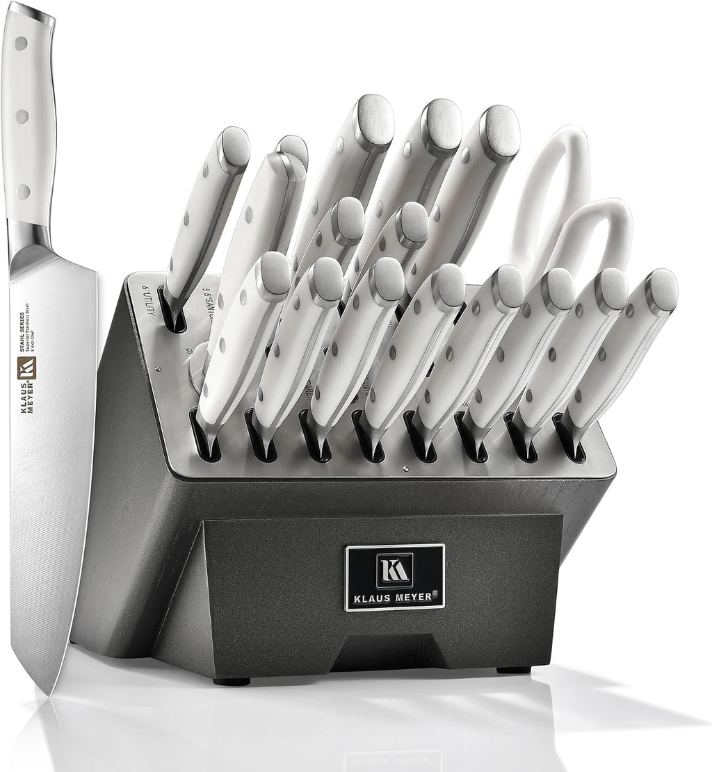 19-Piece Knife Block Set, High Carbon German Stainless Steel (Stahl), Full-Tang Handles with Sharpener (White)
