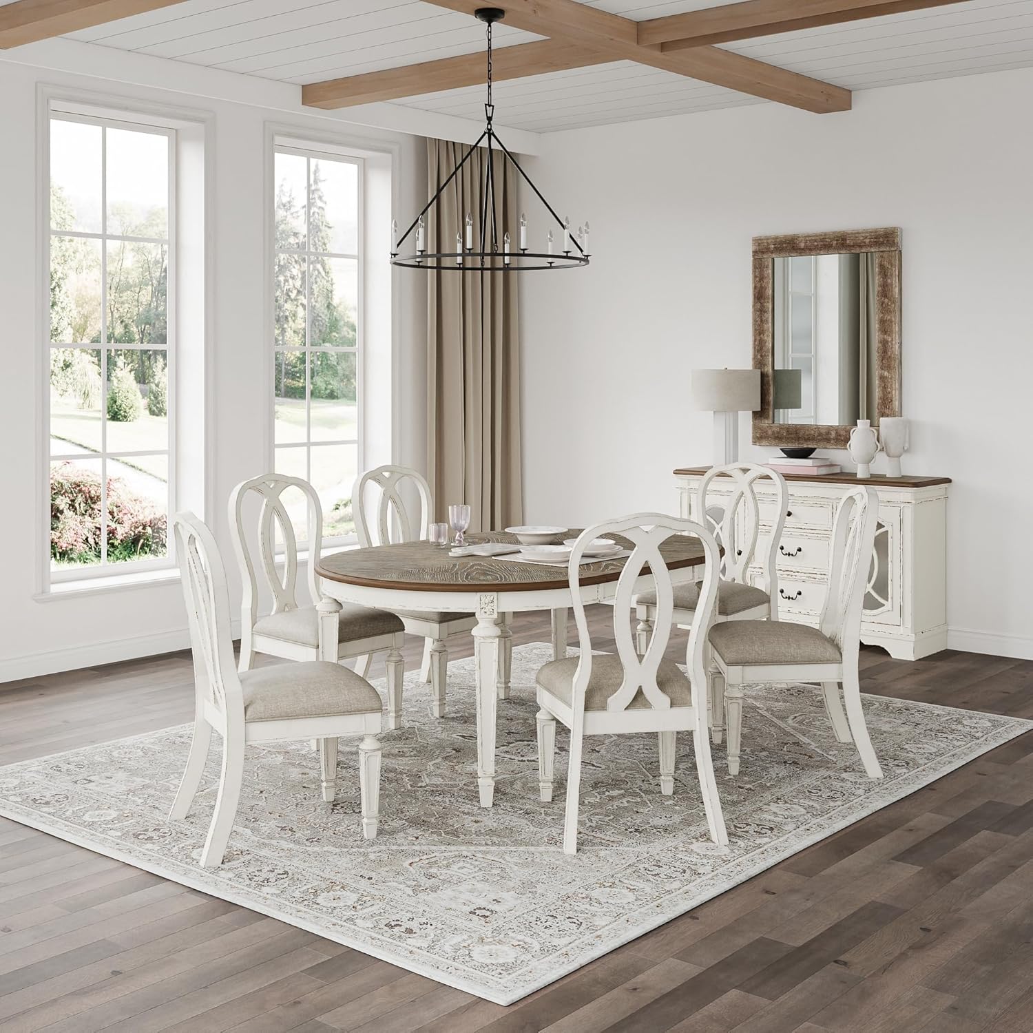 Signature Design by Ashley Realyn Oval Dining Room Extension Table, Seats 6, Antiqued 2-tone Finish, Wood, Distressed White