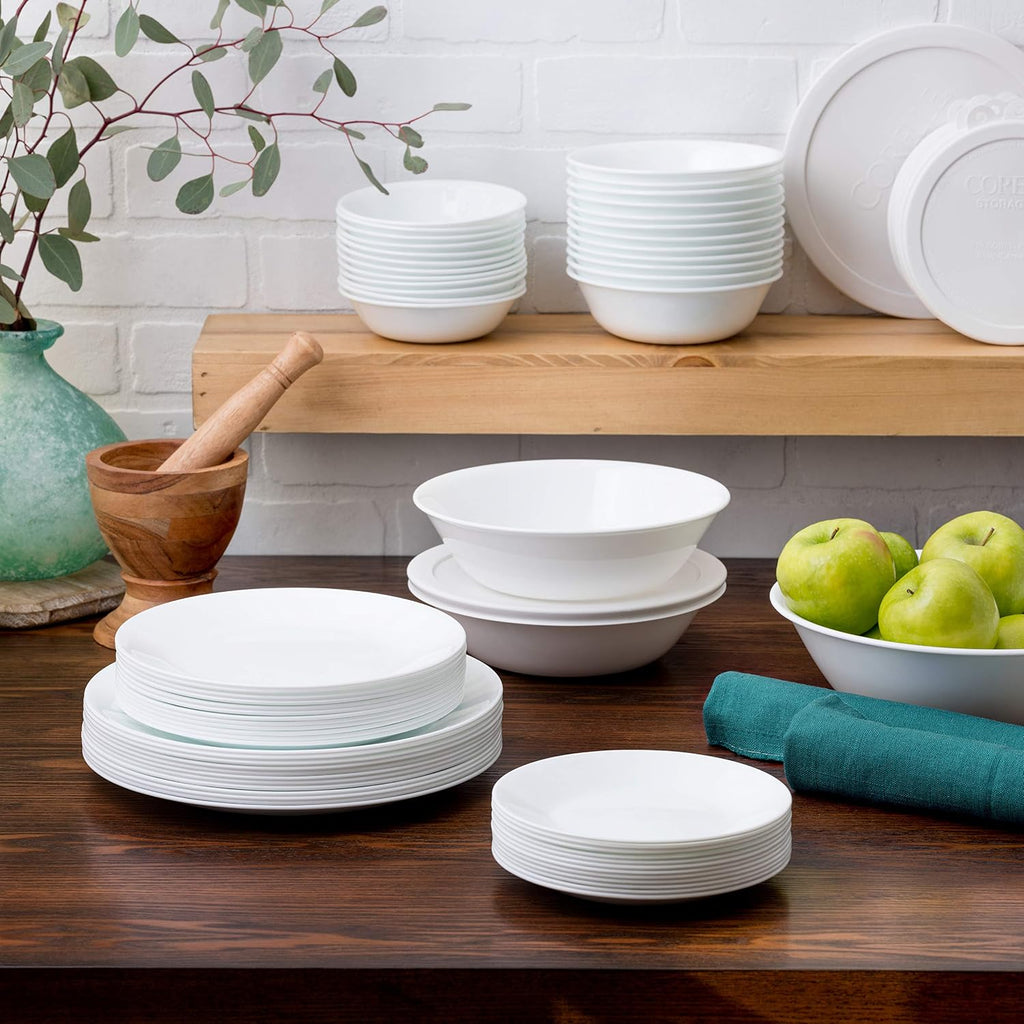 Vitrelle 78-Piece Service for 12 Dinnerware Set, Triple Layer Glass and Chip Resistant, Lightweight Round Plates and Bowls Set, Winter Frost White