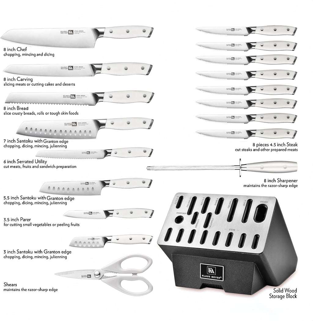 19-Piece Knife Block Set, High Carbon German Stainless Steel (Stahl), Full-Tang Handles with Sharpener (White)