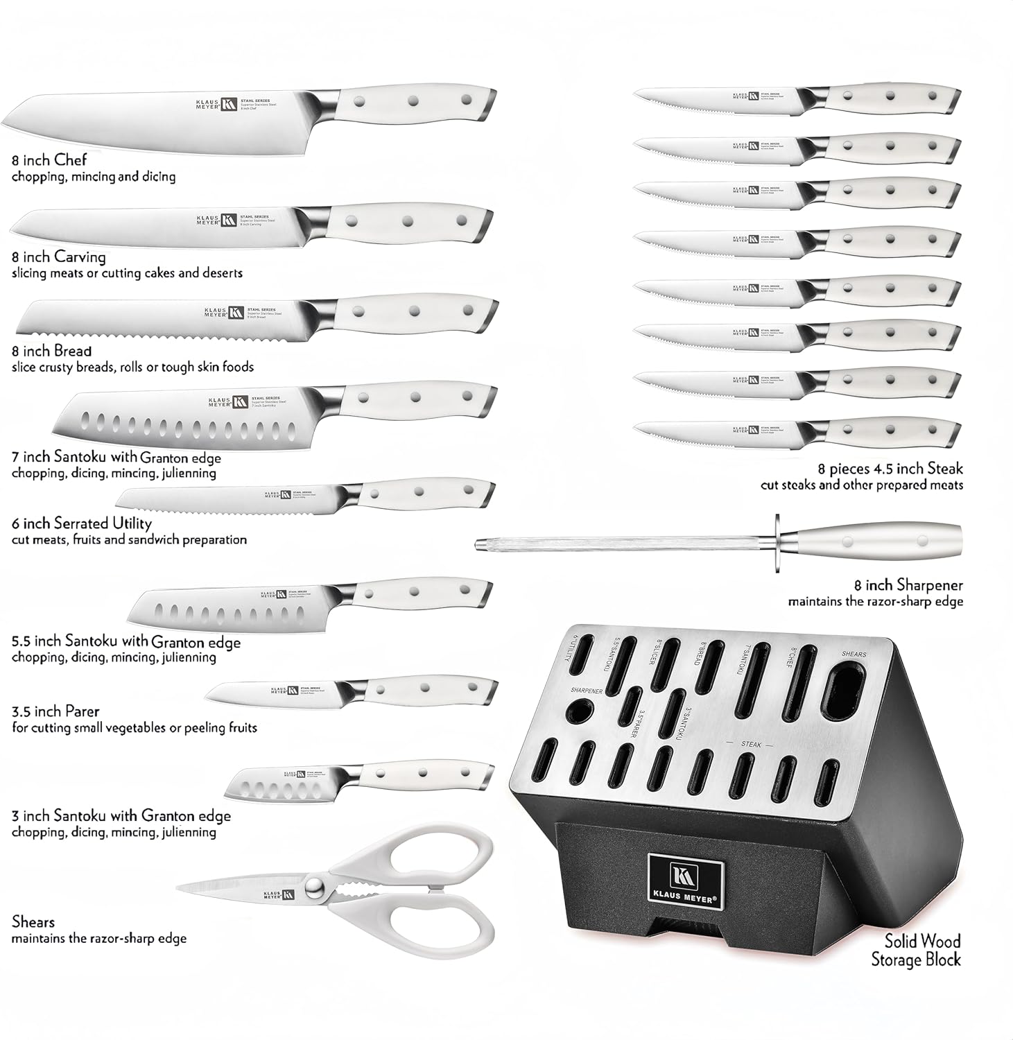19-Piece Knife Block Set, High Carbon German Stainless Steel (Stahl), Full-Tang Handles with Sharpener (White)