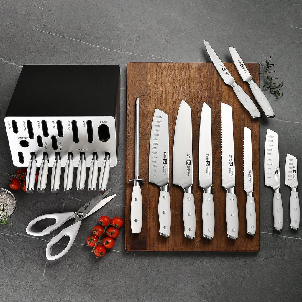 19-Piece Knife Block Set, High Carbon German Stainless Steel (Stahl), Full-Tang Handles with Sharpener (White)
