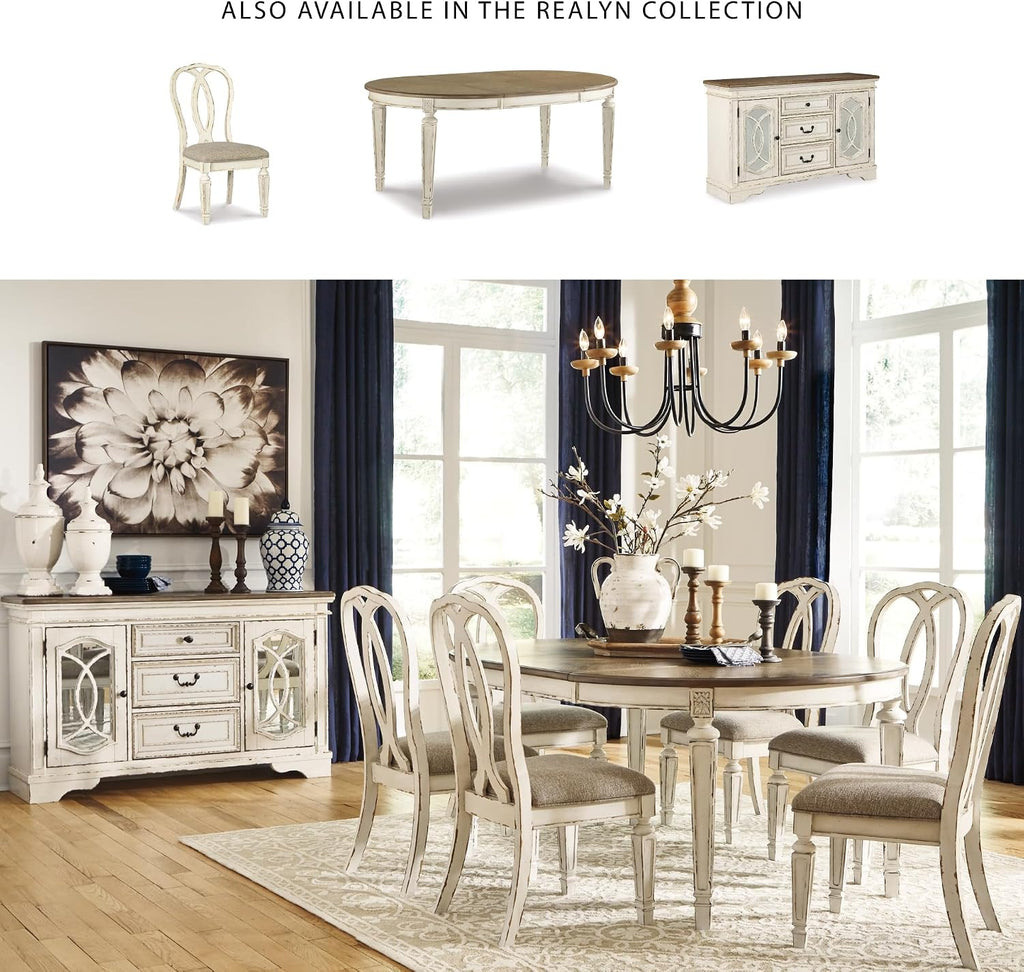 Signature Design by Ashley Realyn Oval Dining Room Extension Table, Seats 6, Antiqued 2-tone Finish, Wood, Distressed White