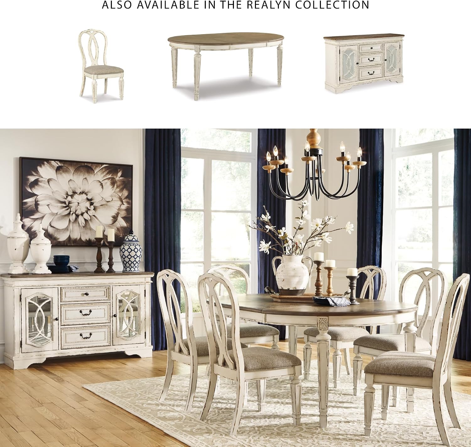 Signature Design by Ashley Realyn Oval Dining Room Extension Table, Seats 6, Antiqued 2-tone Finish, Wood, Distressed White