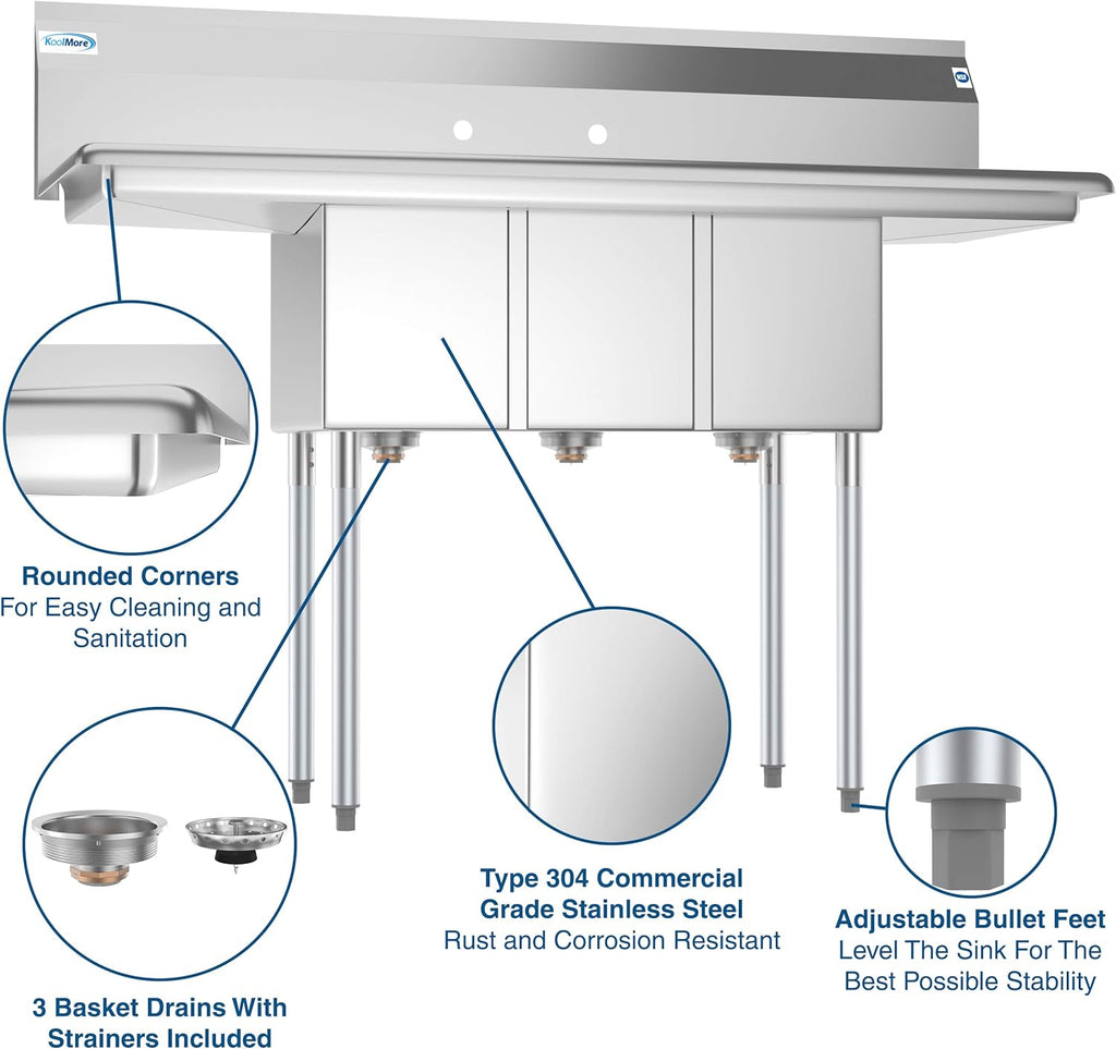 SC101410-12B3 3 Compartment Stainless Steel NSF Commercial Kitchen Sink with Right and Left Drainboards - Bowl Size 10" x 14" x 10", Silver