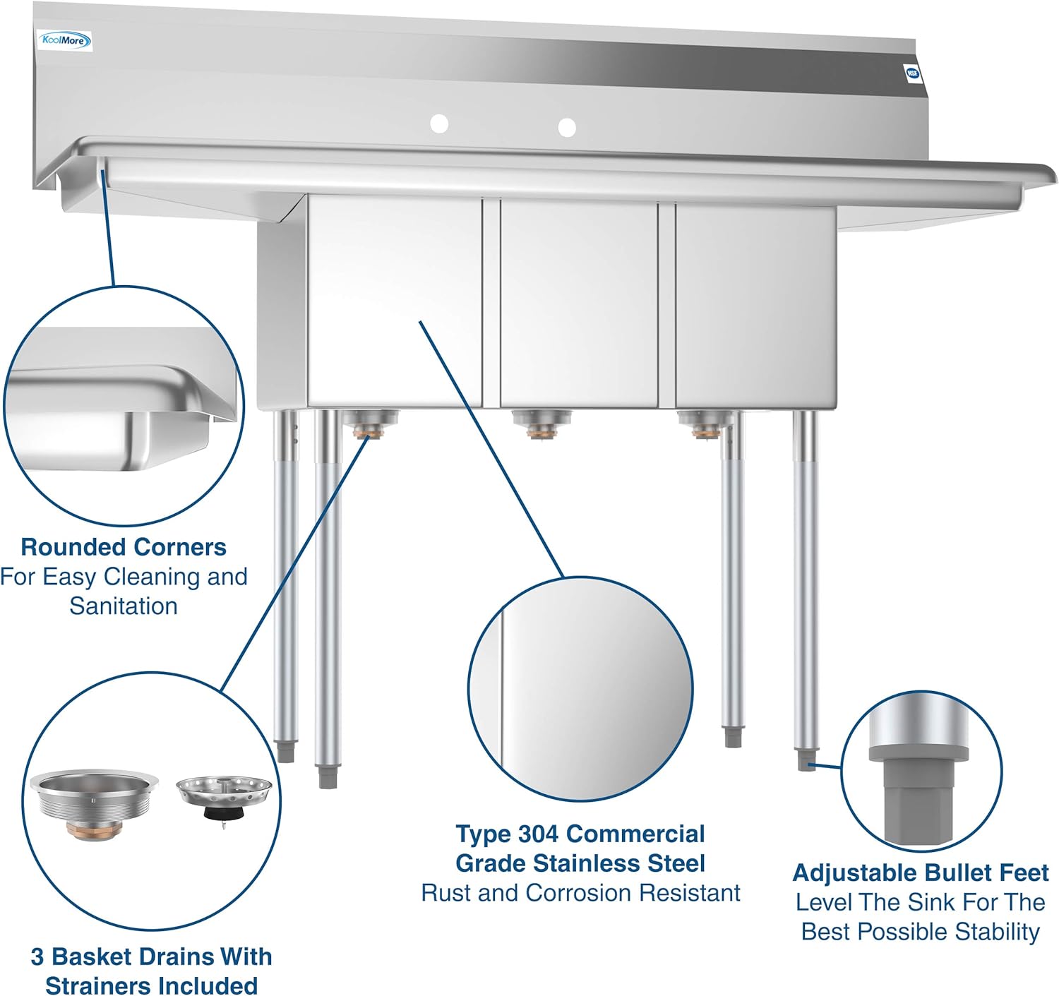 SC101410-12B3 3 Compartment Stainless Steel NSF Commercial Kitchen Sink with Right and Left Drainboards - Bowl Size 10" x 14" x 10", Silver