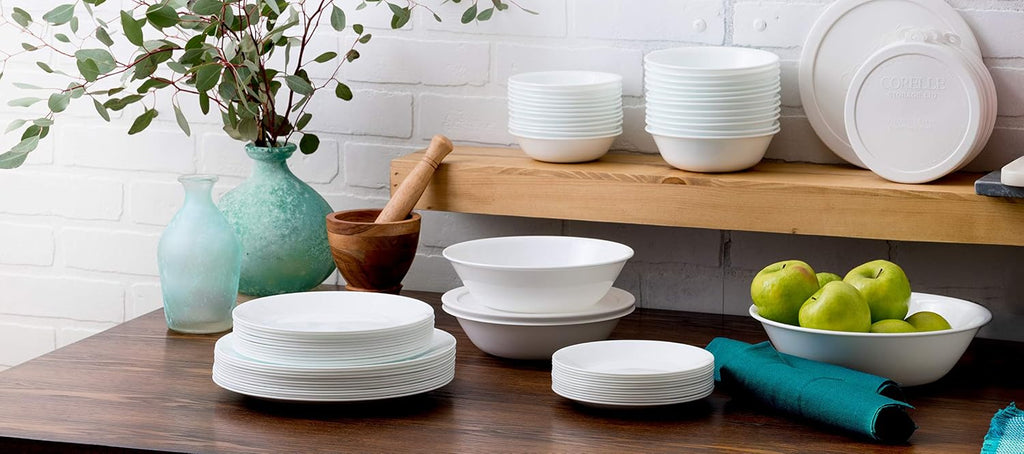 Vitrelle 78-Piece Service for 12 Dinnerware Set, Triple Layer Glass and Chip Resistant, Lightweight Round Plates and Bowls Set, Winter Frost White