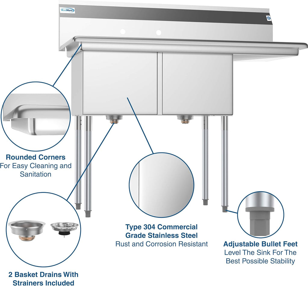 SB151512-15R3 2 Compartment Stainless Steel NSF Commercial Kitchen Prep & Utility Sink with Drainboard - Bowl Size 15" x 15" x 12", Silver