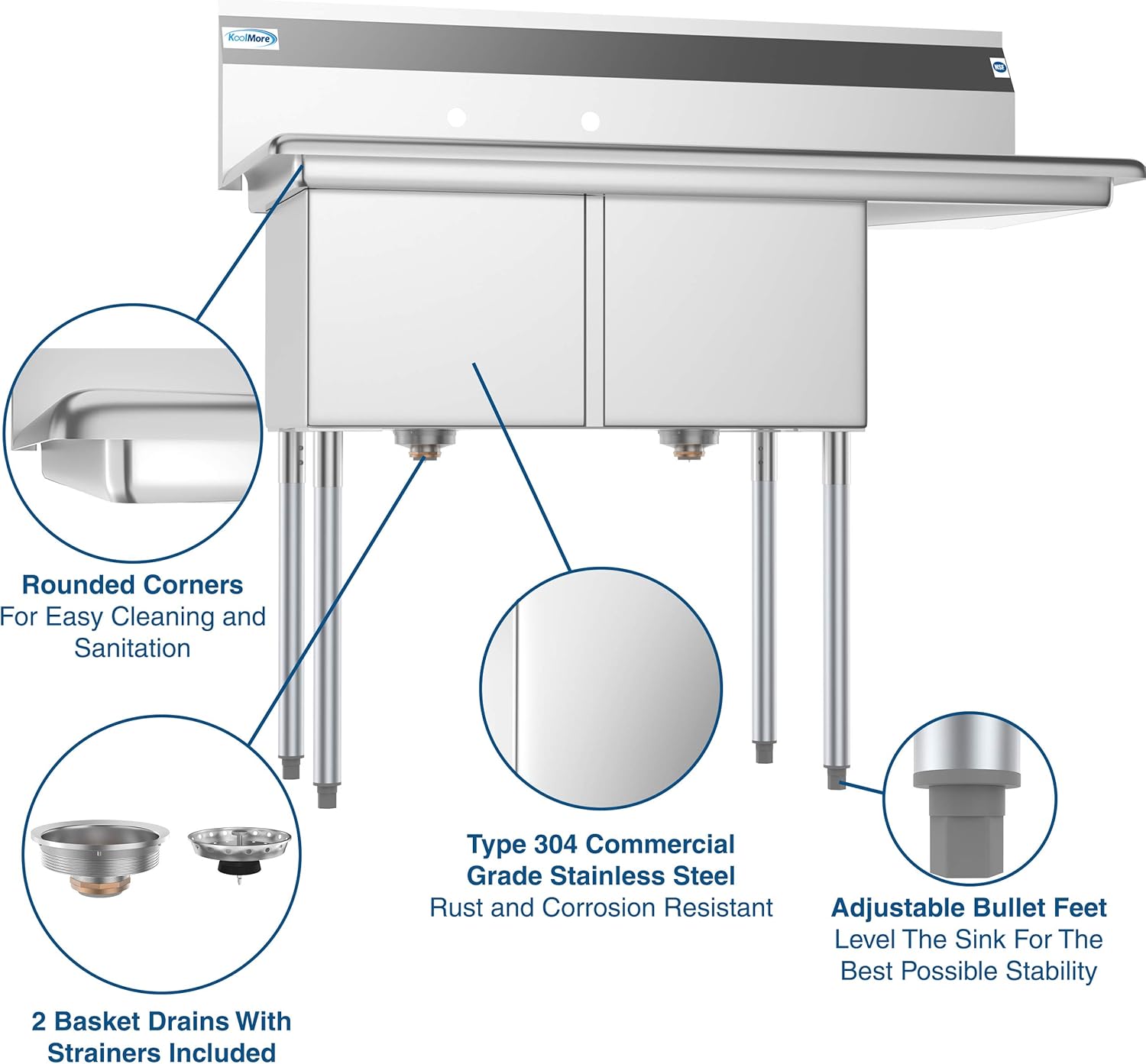 SB151512-15R3 2 Compartment Stainless Steel NSF Commercial Kitchen Prep & Utility Sink with Drainboard - Bowl Size 15" x 15" x 12", Silver