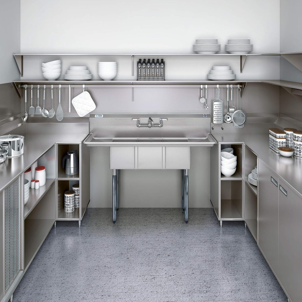 SC101410-12B3 3 Compartment Stainless Steel NSF Commercial Kitchen Sink with Right and Left Drainboards - Bowl Size 10" x 14" x 10", Silver
