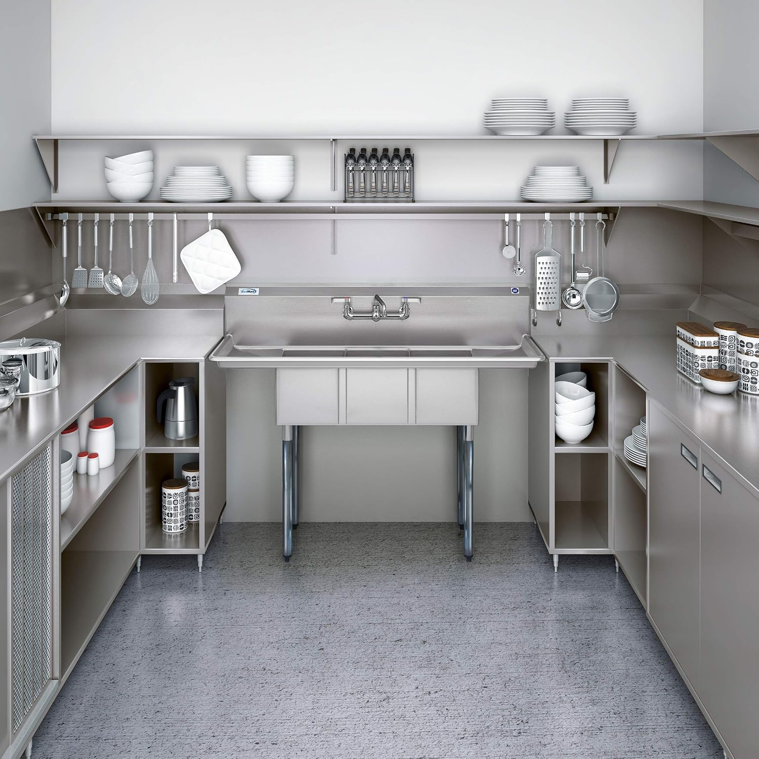 SC101410-12B3 3 Compartment Stainless Steel NSF Commercial Kitchen Sink with Right and Left Drainboards - Bowl Size 10" x 14" x 10", Silver