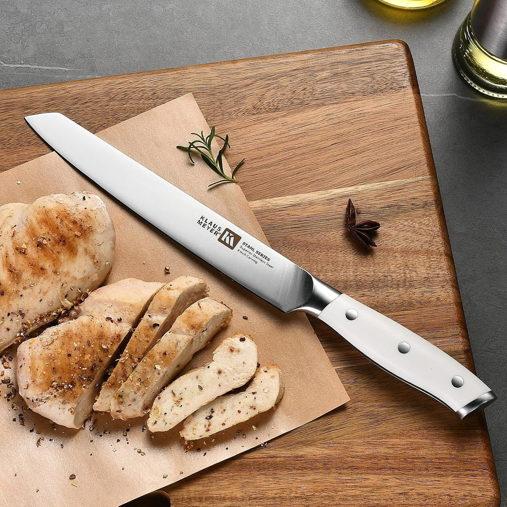 19-Piece Knife Block Set, High Carbon German Stainless Steel (Stahl), Full-Tang Handles with Sharpener (White)